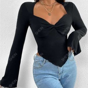 SHEIN BAE Trumpet Sleeve Lettuce Trim Twist Hanky Hem Crop Tee